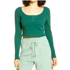 NWT BP Nordstrom Plus Size Crop Top Long Sleeve Ribbed Henley Green - Size 2XL